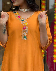Orange Kurta Set with Embroidered Yoke