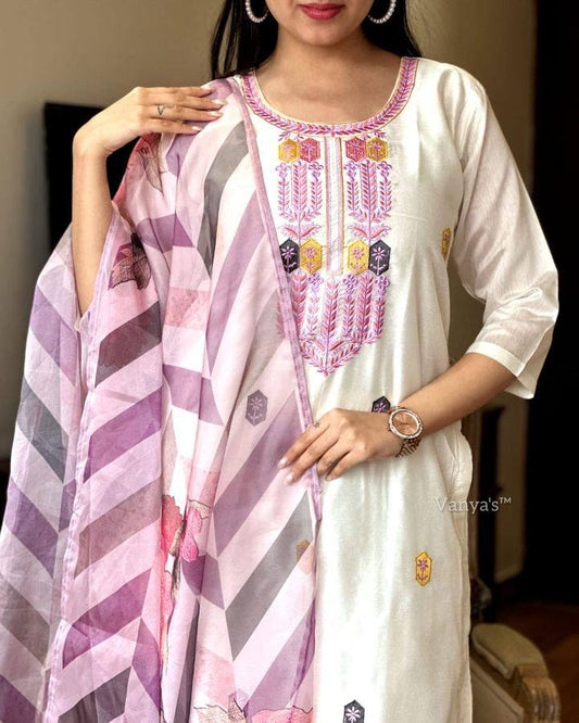 White Kurta Set with Pink & Yellow Embroidery