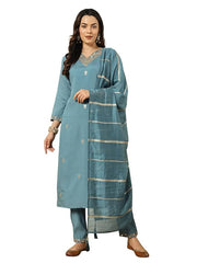 Teal Blue Kurta Set with Striped Dupatta