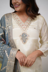Ivory Silk Kurta Set with Grey Banarasi Dupatta