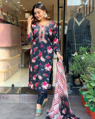 Black Floral Kurta Set with Striped Dupatta