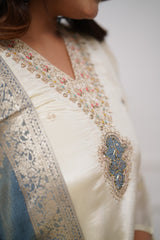 Ivory Silk Kurta Set with Grey Banarasi Dupatta