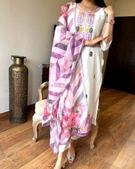 White Kurta Set with Pink & Yellow Embroidery