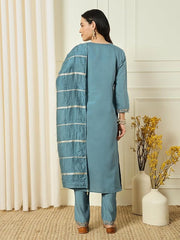 Teal Blue Kurta Set with Striped Dupatta