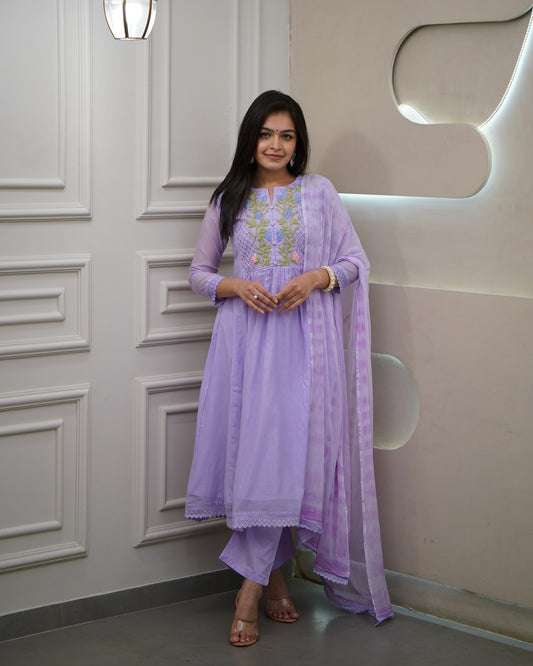 Lavender Anarkali Kurta Set with Embroidered Yoke