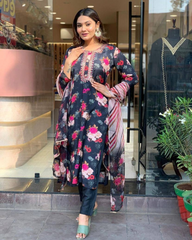 Black Floral Kurta Set with Striped Dupatta