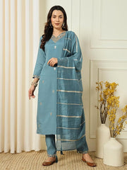 Teal Blue Kurta Set with Striped Dupatta