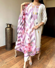 White Kurta Set with Pink & Yellow Embroidery