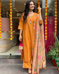 Orange Kurta Set with Embroidered Yoke