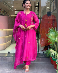 Fuchsia Pink Embroidered Kurta Set