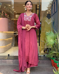 Wine Pink Embroidered Kurta Set with Dupatta