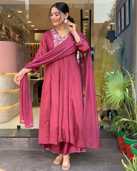 Wine Pink Embroidered Kurta Set with Dupatta