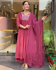 Wine Pink Embroidered Kurta Set with Dupatta