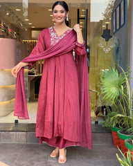 Wine Pink Embroidered Kurta Set with Dupatta