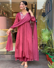 Wine Pink Embroidered Kurta Set with Dupatta