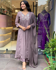 Wine Pink Embroidered Kurta Set with Dupatta