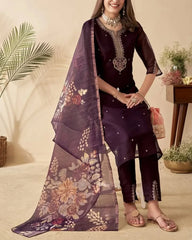 Deep Wine Kurta Set with Printed Dupatta