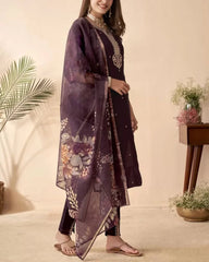 Deep Wine Kurta Set with Printed Dupatta