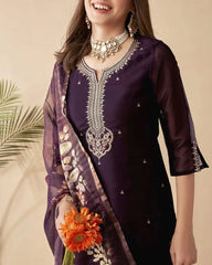 Deep Wine Kurta Set with Printed Dupatta