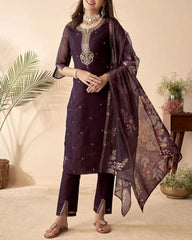 Deep Wine Kurta Set with Printed Dupatta
