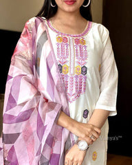 White Kurta Set with Pink & Yellow Embroidery