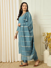 Teal Blue Kurta Set with Striped Dupatta
