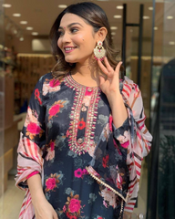 Black Floral Kurta Set with Striped Dupatta