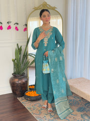 Teal Blue Embroidered Kurta Set with Banarasi Dupatta