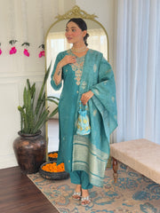 Teal Blue Embroidered Kurta Set with Banarasi Dupatta