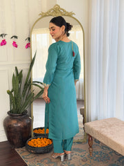 Teal Blue Embroidered Kurta Set with Banarasi Dupatta