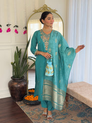 Teal Blue Embroidered Kurta Set with Banarasi Dupatta