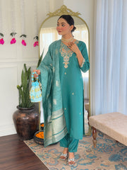 Teal Blue Embroidered Kurta Set with Banarasi Dupatta