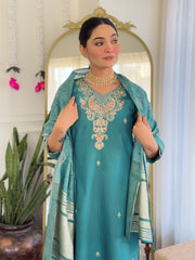 Teal Blue Embroidered Kurta Set with Banarasi Dupatta