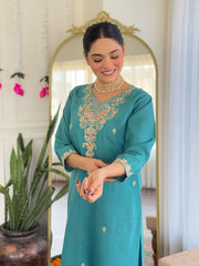 Teal Blue Embroidered Kurta Set with Banarasi Dupatta