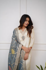 Ivory Silk Kurta Set with Grey Banarasi Dupatta