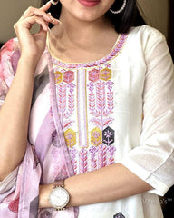 White Kurta Set with Pink & Yellow Embroidery