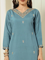 Teal Blue Kurta Set with Striped Dupatta