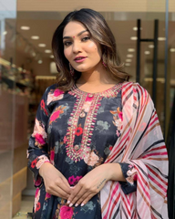 Black Floral Kurta Set with Striped Dupatta