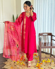 Rani Pink Silk Kurta Set with Floral Dupatta