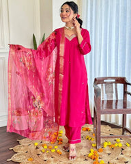 Rani Pink Silk Kurta Set with Floral Dupatta