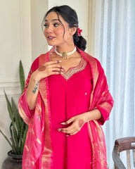 Rani Pink Silk Kurta Set with Floral Dupatta