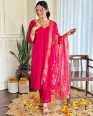 Rani Pink Silk Kurta Set with Floral Dupatta