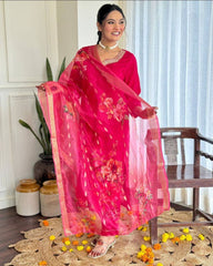 Rani Pink Silk Kurta Set with Floral Dupatta
