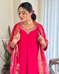 Rani Pink Silk Kurta Set with Floral Dupatta