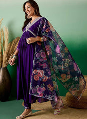 Purple Anarkali Kurta Set with Floral Dupatta