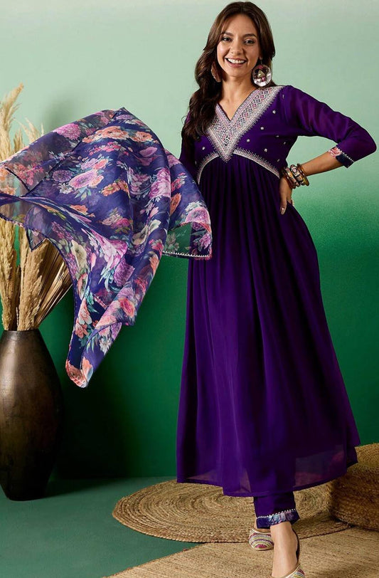 Purple Anarkali Kurta Set with Floral Dupatta