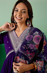 Purple Anarkali Kurta Set with Floral Dupatta