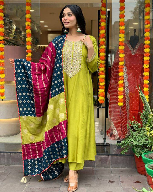 Lime Green Kurta Set with Bandhani Patchwork Dupatta
