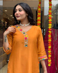 Orange Kurta Set with Embroidered Yoke