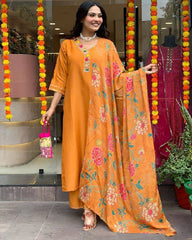 Orange Kurta Set with Embroidered Yoke